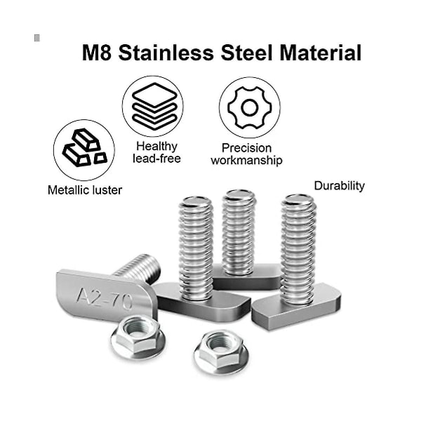 15 stk T-sporbolterstatning,m8 X 20 skruer, A2-70 skinneskinneskruer Spormuttere med 15 flensmutter