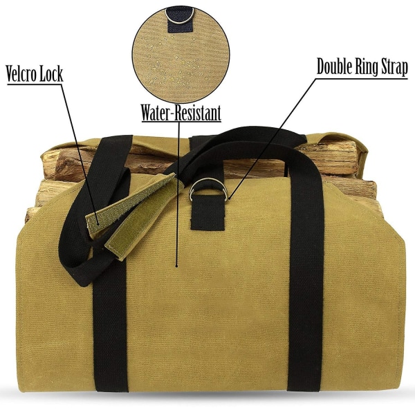 Stor bæretaske i lærredsbjælker (khaki), kraftig voksbehandlet pejs Brænde mulepose til indendørs brændeovne og udendørs camping