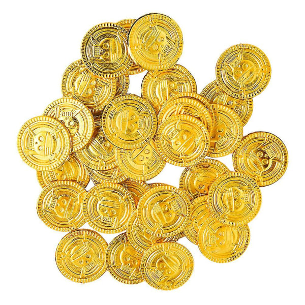 100 stk. Pirates Golden Coins Plast Treasure Coins Legepenge Legetøjsrekvisitter Legesæt Goodie Bag Fillers Party Favor for Kids Golden 2.50X2.50X0.20CM