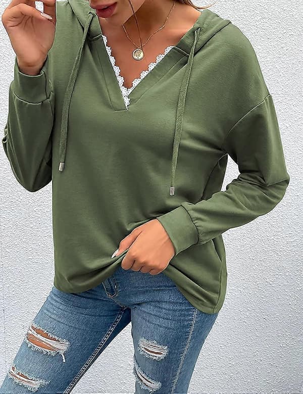 Hettegensere for kvinner, langermet, avslappet, med snor, blondekant, V-hals, ensfarget, pullover Medium