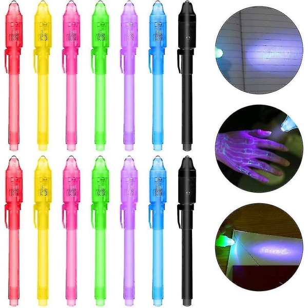 14 pakkauksen salainen kynä UV-valolla, uudelleenkäytettävä näkymätön kirjoitus valon UV-kynän avulla -