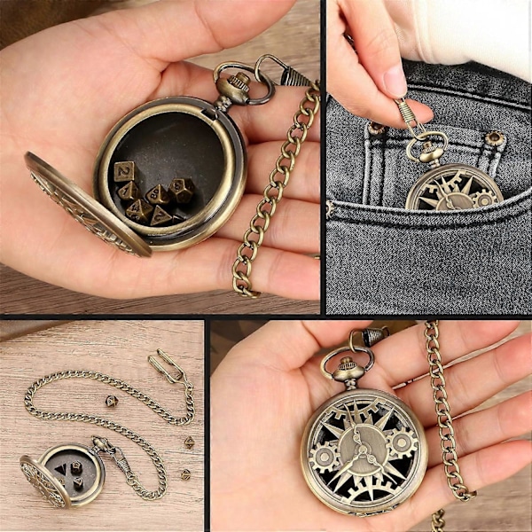 Mini DND Terning Sett med Steampunk Bronse Hul Kasse for Lommeur, 7 stk Polyedriske Metall Terninger, Dungeons and Dragons Gaver