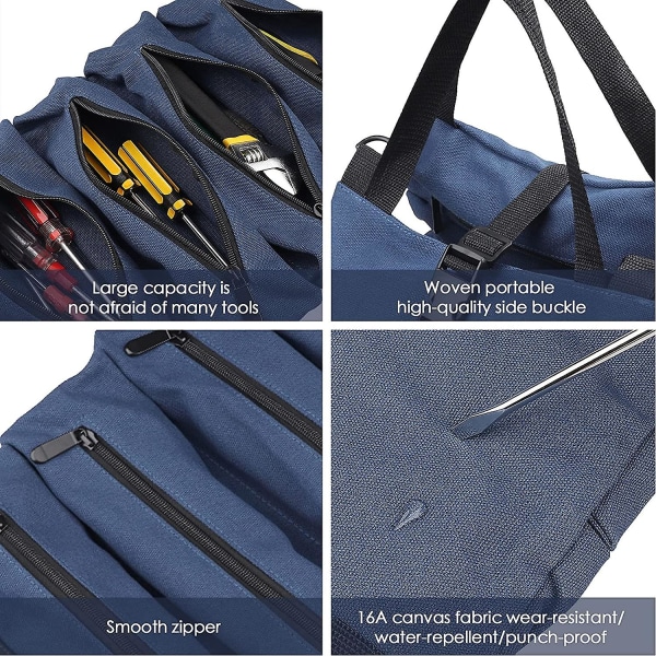 Super Canvas -työkalulaukku, jossa on 5 vetoketjullista taskua, rullalaukku sähköasentajalle, lämmitys, ilmastointi, putkimies, puuseppä tai mekaanikkosininen