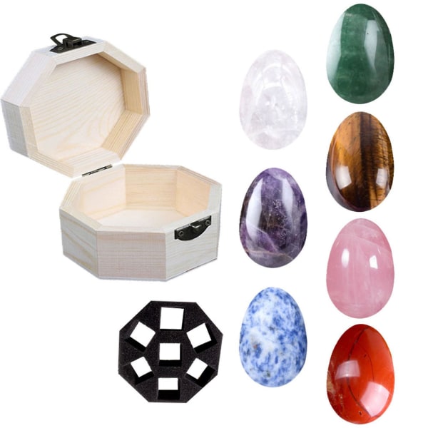 7 st Naturkristall Sju Chakras Healing Stones Energiägg Meditation Quartz Gemstone Reiki Healers Yoga Practioner Wooden box gift box