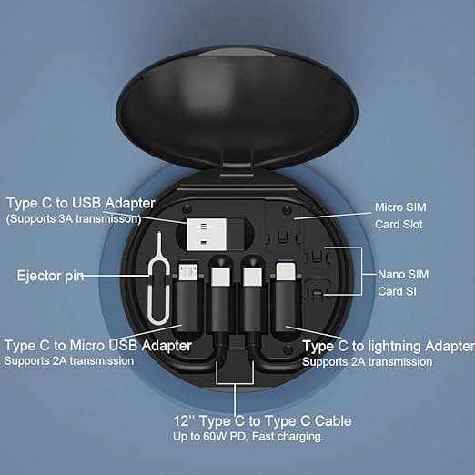Multifunktionel datakabelopbevaringsboksadapter til iOS-enheder, USB-C og Micro-USB-enheder Universal dataoverførselskabel (sort)