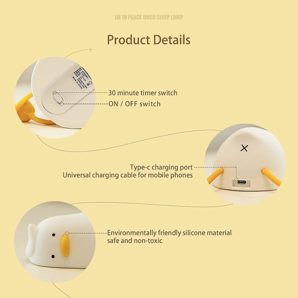 Lying Flat Duck Night Light, Led Squishy Duck Lamp, Cute Light Up Duck, Silicone Dimmable Nursery Nightlight, Rechargeable Bedside Touch Lamp