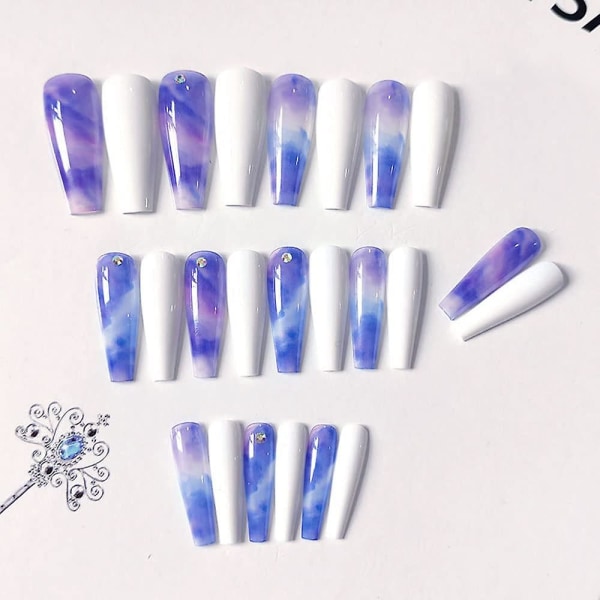24 stk Lang kistetryk på negle Gradient blå akryl falske negle til kvinder og piger