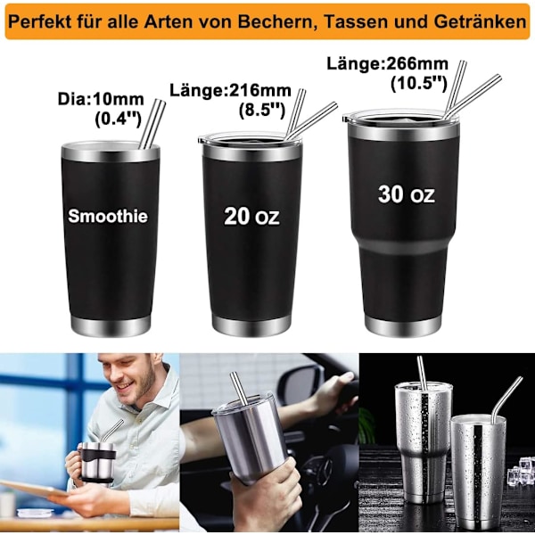 Milkshake-oljet  10 mm leveät oljet, 4-pakk teräspoljet, 266 mm ja 216 mm pitkät oljet 1 oljenpuhdistusvälineellä, uudelleenkäytettävä