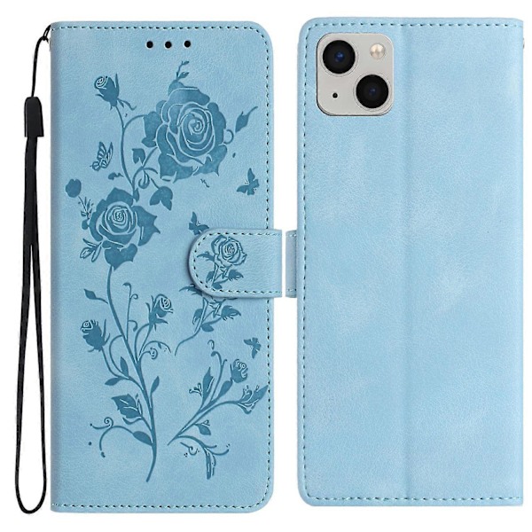 iPhone 15 Lompakkokotelo Ruusukuvioinen Nahkainen Käännettävä Jalustallinen Puhelinkotelo Multicolor Sky Blue