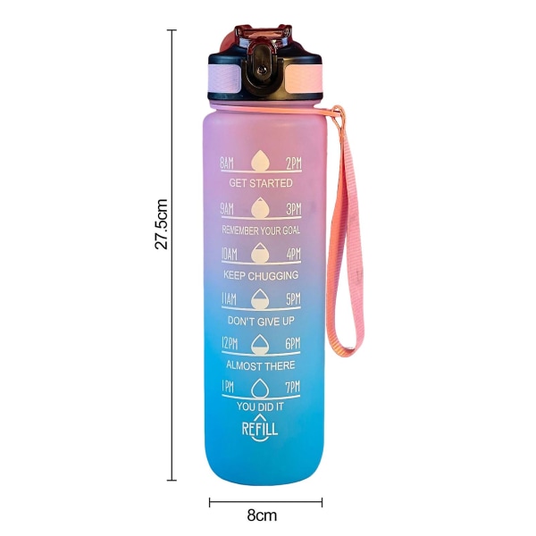 1000 ml:n urheiluvesipullo, motivoiva olkipullo aikamerkitsimellä vuotamaton juomapullo kotiin ulkokäyttöön Blue  Pink