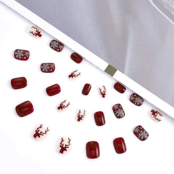 Fyrkantiga röda tryck på naglar Snöflinga glansiga falska naglar Korta cover Akryl lösnaglar för kvinnor och flickor till julfestivalen (pack med 24)