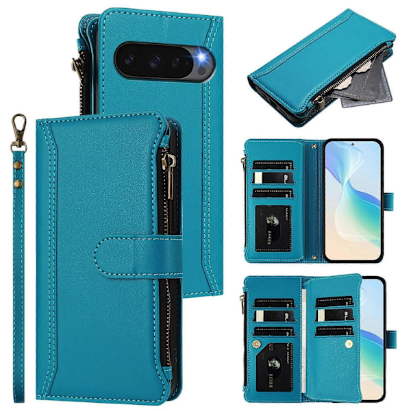 Magnetisk Stängning 9 Kortplatser Dragkedja Läderfodral med Handrem Turquoise For Google Pixel 10 5G Global