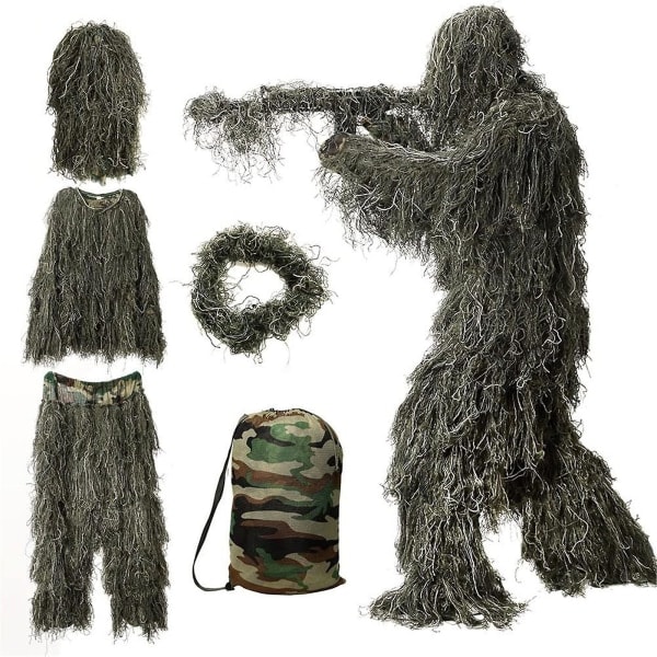 5 i 1 Ghillie-dragt, 3D camouflage jagttøj inklusive jakke, bukser, hue, bæretaske Grøn 1,6m