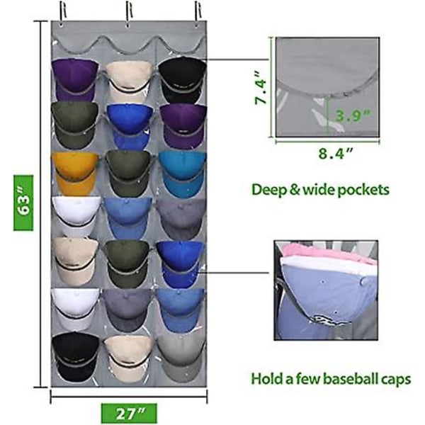 24 djupa fickor hatthylla - organizer - hatthyllor för baseballkepsar, synlig hatthållare - baseballhatthylla för väggdörr med 3 krokar