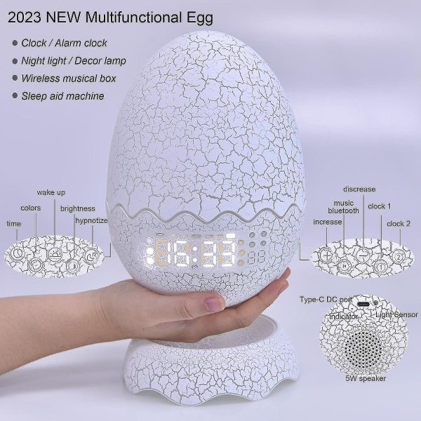 2023 Uusi Dinosaur Egg Herätyskello/yövalo/ketulauluäänilaite/ Bluetooth kaiutin 4-in-1, Kaukosäädin Multi ja musiikkiääni, Viileä dinosaurus