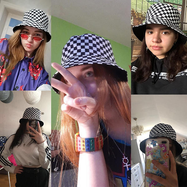 Wekity Söt Bucket Hat Strand Fiskarhattar För Kvinnor, Vändbar Dubbelsidig Unisex (rutmönster, Svart Och Röd)