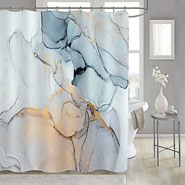 Ekstra Langt Bruseforhæng 180 X 210cm, Abstrakt Blå Grå Marmor Stort Bruseforhæng, Moderne Blæk Vandtæt Stof Bruseforhæng Sæt Med Kroge