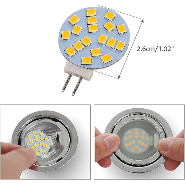 Varme hvide G4 runde LED-lamper, 2W erstatter 20W halogenpære, 12V AC/10-30V DC, G4 lyskilde til forsænket underskabsbelysning, 6 stk.