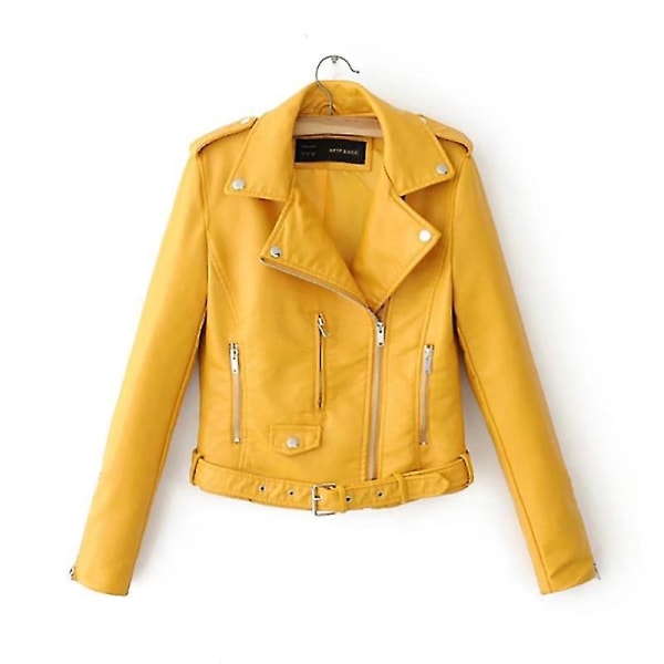 Læderjakke Kvinde Kort Afsnit Slank Pu-jakke Hundrede med lille jakke Yellow L