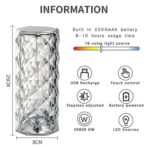 Crystal Diamond bordlampe, 16 farger usb ladeberøringslampe Nattlampe ved nattbord med fjernkontroll