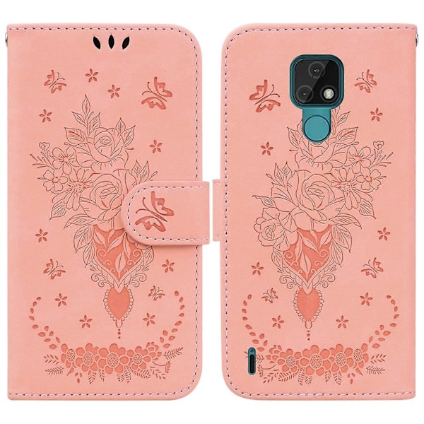 Til Motorola Moto E7 Sommerfugl Rose Præget Læder Telefon Cover Pink