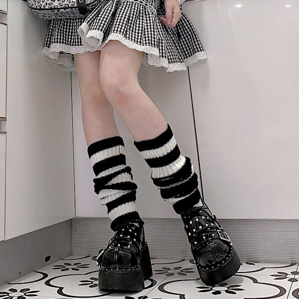 Dam Lolita Punk Säärystimet Mustavalkoiset Raidalliset Joustinneulotut Polvisukat