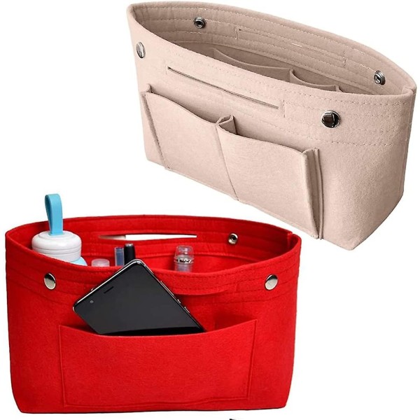 2 stykker filttaske, filt kosmetisk håndtaske, pung organiser, rejse filt håndtaske til kvinder, til hjemmet, kontor (rød+beige)