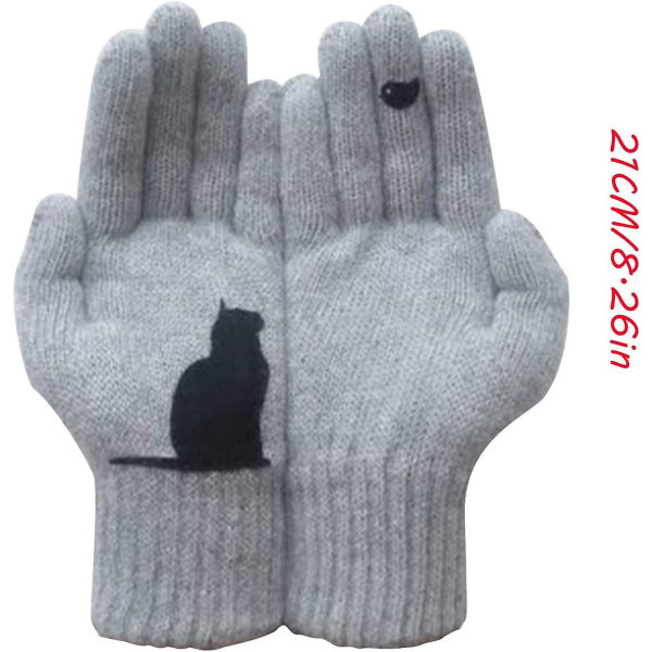 Kvinnor, varma stickade handskar, katter som ser fåglar Print Helfingrar Vinter utomhus thermal vantehandske Grey