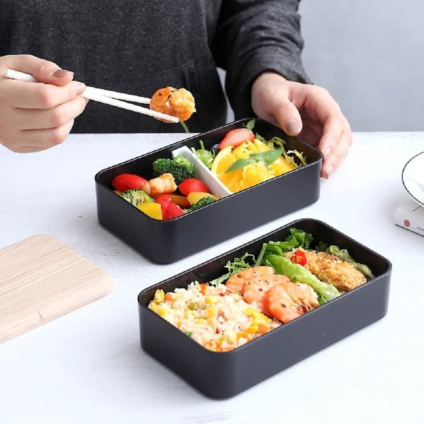 Matboks, lunsjboks med 2-lags bestikk, japansk Bento for barn eller voksne, til skole eller jobb (svart)