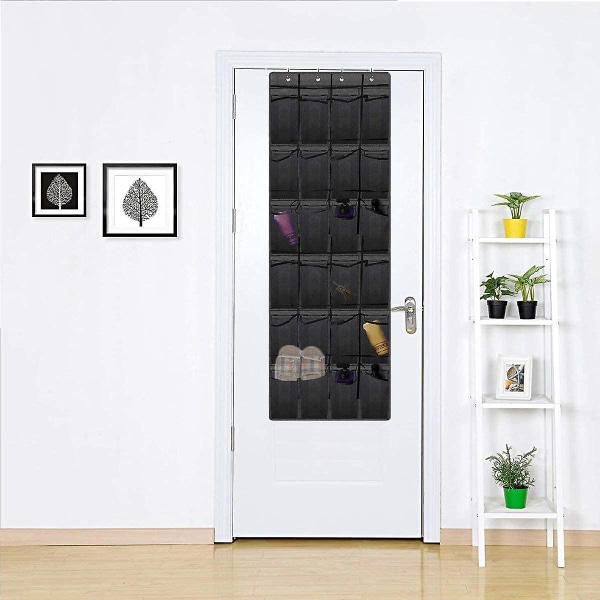 Hængende skostativ, 24 lommer Hængende opbevaringslomme, over døren, væghængende garderobe, sorte store netlommer (sort) 1 stk.