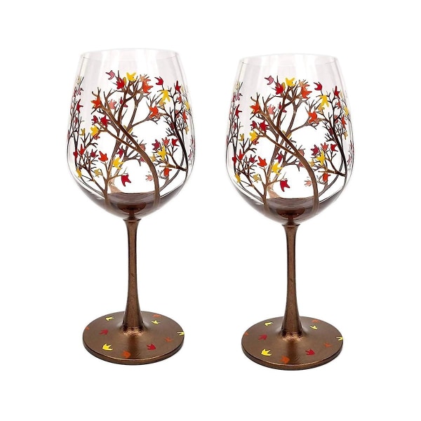 2 stk Autumn Tree Wine Glas - Efterårsfarver - Blade af rød, gul, orange - Håndmalet - Efterårsløa