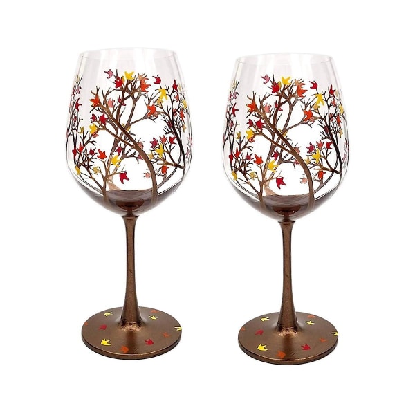 2 stk Autumn Tree Wine Glass - Høstfarger - Blader av rødt, gult, oransje - Håndmalt - Fall Lea