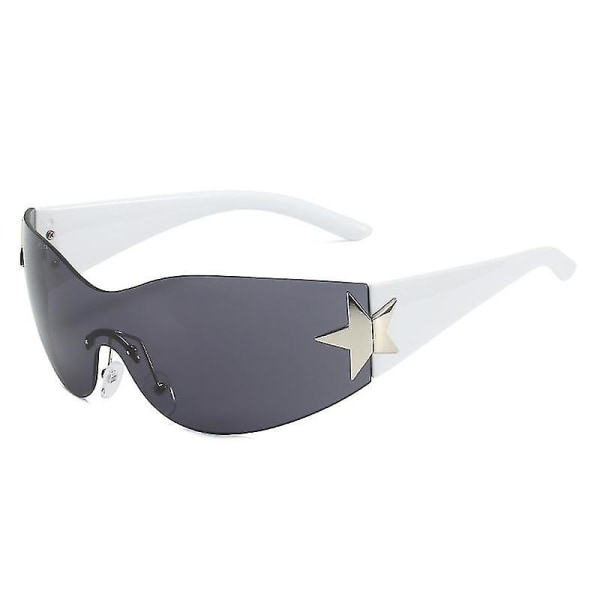Y2k Wraparound-solbriller, Punk-indfattede briller til mænd Kvinder Sportssolbriller Star Shape Day Outdoor Solbeskyttelse Grey white