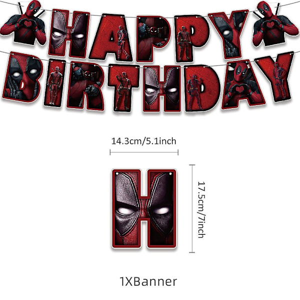 Deadpool-tema Barnkalas Dekorationssats Banner Ballonger Tårta Cupcake Toppers Set