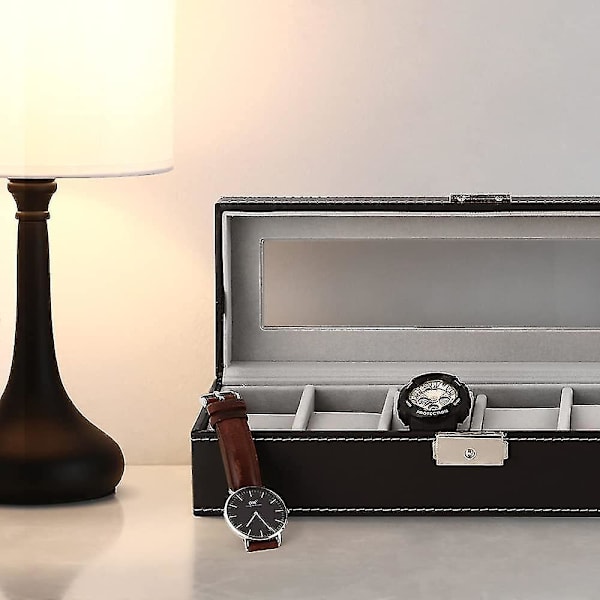 Klockfodral, 6 Fack Läder Klockbox Lyxig Display Förvaringslåda Glas Smyckesförvaring
