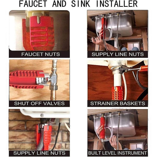 Kran- och diskbänksinstallatör8-i-1 multifunktionsnyckel VVS-verktyg för toalettskål/handfat/badrum/kök VVS-reparation Installation Handverktyg (röd)