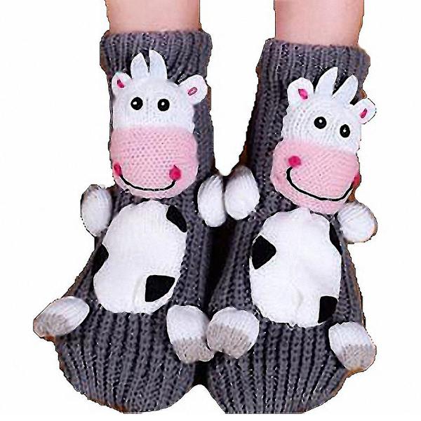 Aikuisten Joulu Liukueste Neulotut Lattiasukat Söpöllä 3D-sarjakuvaeläimellä H Gray cow