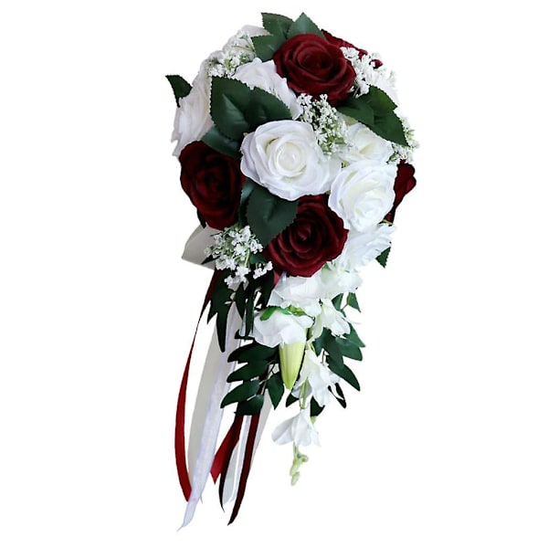 Bröllop Handbukett Brud Hållande Konstgjorda Blommor Vit + Vinröd