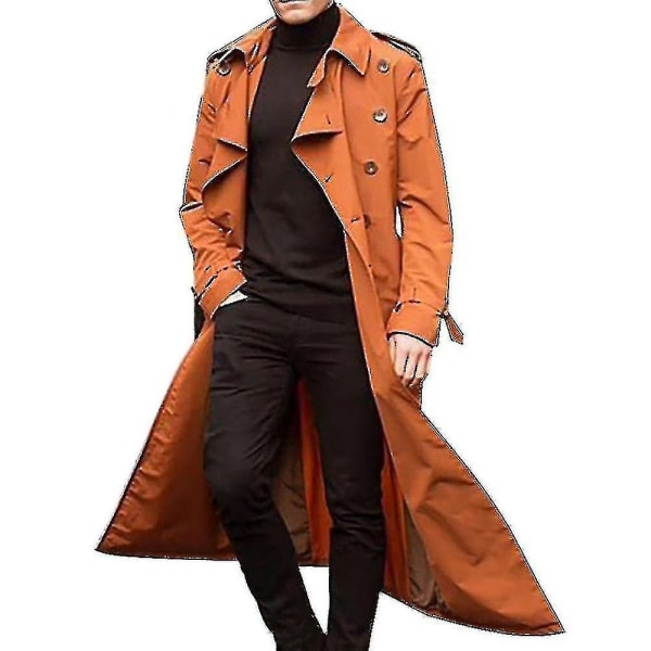 Menn Lang Trench Coat Lapel Overcoat Uformell jakke Vanlig yttertøy Topper orange M