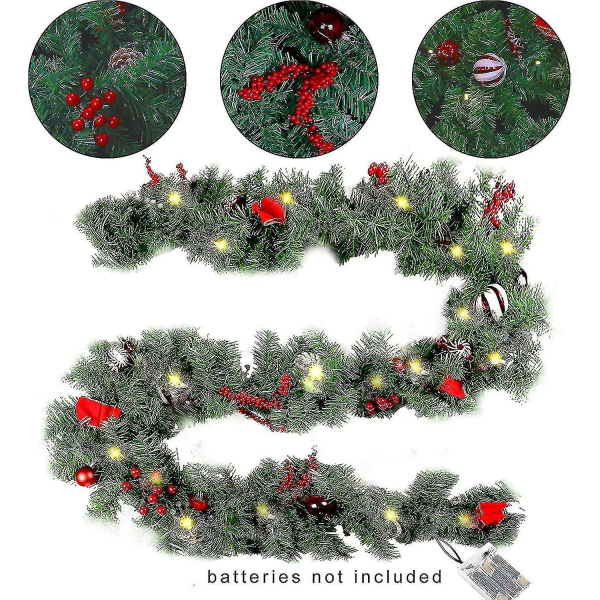 1,80 m LED Juleguirlande med Kogler Røde Bær Sløjfer Julekugler Slik, Multifunktionel Juleguirlande med 30 Varmhvide LED-lys
