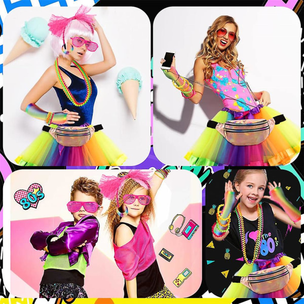Dam 80-tals kläder Accessoarer Retro festkostym Set Tutu kjol Neon Fishnet Handskar Glasögon Bum Bag Pärlhalsband Armband Multicolour
