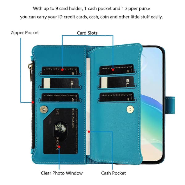 Magnetisk Lukning 9 Kortpladser Lynlås Læder Etui med Håndrem Turquoise For Google Pixel 7a