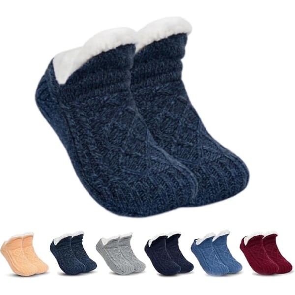 Innendørs sklisikre termiske sokker, fleecesox - fleeceforede sklisikre termotøfler Sokker, v-munn Fluffy tøffelsokker Dark Blue M