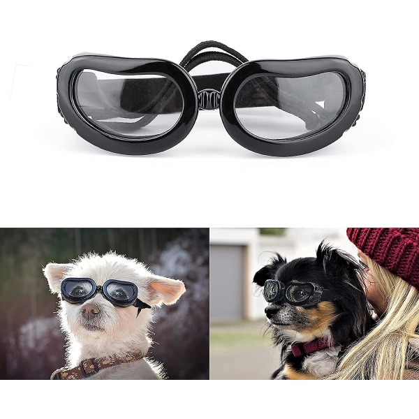 Koiran aurinkolasit pieni rotu, UV-suoja, pienet koiran suojalasit, tuulenpitävät pienet suojalasit säädettävillä hihnoilla Black-Clear