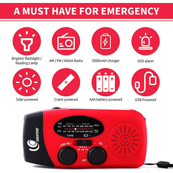 Soldriven Vevradio, Nödvevradio med Ficklampa och Mobiltelefonladdare, AM/FM NOAA Bärbar Väderradio, Nödförnödenheter för Utomhusbruk