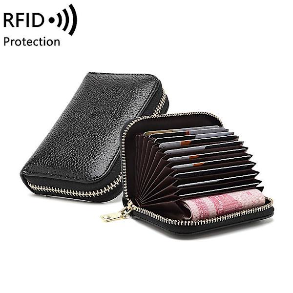 Liten damplånbok i läder med RFID-skydd, dragkedja och fack för kreditkort