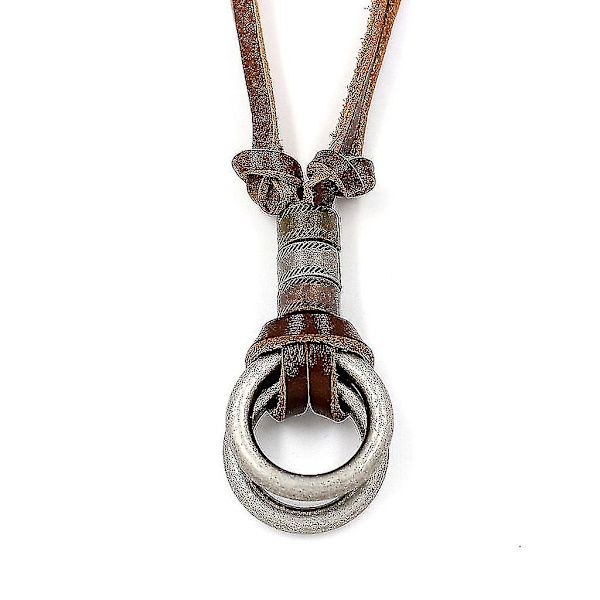 Vintage Brun Äkta Läder Dubbel Ring Glasögon Hänge Halsband Justerbart A