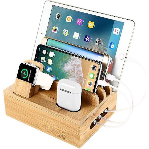 Bambus Ladestasjon Bordstativ og Ladestasjon for Flere Enheter Dokkingstasjon Ladestasjon for Mobiltelefon/nettbrett/Apple Watch/Airpods, aespa