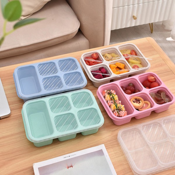 4 st Lunchlåda 5-Facksdesign Bento Box Portabel Återanvändbar Frukt Snacks Låda med Klart Lock för Hemmakontor Picknick