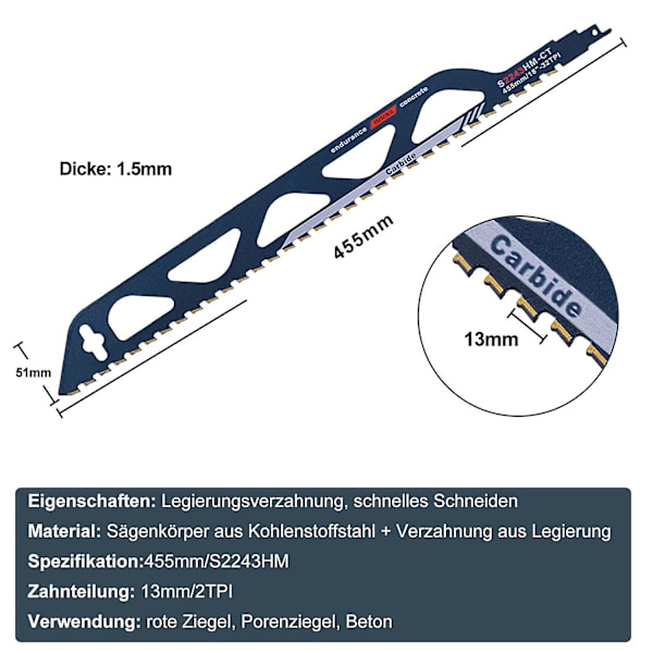 Sabelklinger i wolframcarbidstål, sabelklingetilbehør til porebeton, mursten, beton, længde (455 mm (s2243hm))